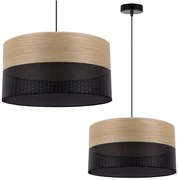 Závesné svietidlo Wood, 1x dýha zlatý dub/čierne PVC tienidlo, (fi 40cm)