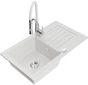 Mexen Pablo, 1-komorový granitový drez 752x436x161 mm a drezová batéria Aster, biela, 6510-20-73450-02