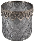 Šedý sklenený svietnik na čajovú sviečku s ozdobným okrajom - Ø 10*10 cm