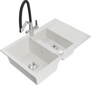 Mexen Gaspar granitový 1,5-komorový drez s odkvapkávačom a kuchynskou batériou Duo, Biela - 6507-20-671701-07