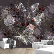 Fototapeta - Vintage motýle s kvetinami, fialová (147x102 cm)