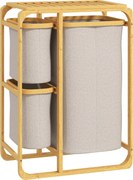 HOMCOM Priraďovací Kôš na Pranie, Elegantný Kôš s 3 Odnímateľnými Textilnými Taškami a Poličkami, Bambus, 50x32x69,7 cm, Bambus a Krémová Farba | Aoso
