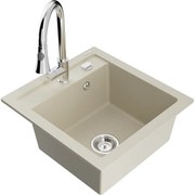 Mexen Vito, 1-komorový granitový drez 490x520x210 mm a drezová batéria Elia, béžová, 6503-69-670101-00