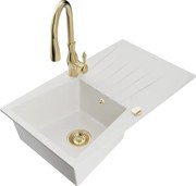 Mexen Cesar granitový jednokomorový drez s odkvapkávačom a kuchynskou batériou Savita, Biela - 6514-20-672601-50