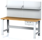 Alfa 3 Nastaviteľný dielenský stôl MECHANIC I, závesný box na náradie, nadstavba, polica, 1 zásuvka, 2000x685x700-1055 mm, sivé