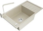 Mexen Elias, granitový drez granitový 795x480x200 mm, 1-komorový, béžová s chrómovým sifónom a béžová drezová batéria Rita, 6511-69-670300-69