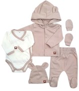 Sada do pôrodnice 5D, body, polodupačky, kabátik, čiapočka, rukavičky, béžová 50 (0-1mm)