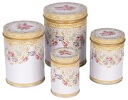 4ks biela plechová dóza s ružami - Ø 11*14 /Ø 9*13 /Ø 8*11 /Ø 6*9 cm