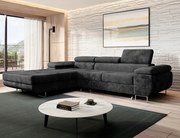 Grafitová rohová sedačka s funkciou spania Norberg vľavo s úložným priestorom na posteľnú bielizeň.