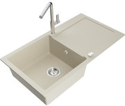 Mexen Leo, 1-komorový granitový drez 900x500x190 mm a drezová batéria Flora, béžová, 6501-69-670401-00