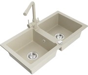 Mexen Mario, 2-komorový granitový drez 820x436x161 mm a béžová drezová batéria Duero, béžová, 6504-69-671600-69