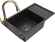 Mexen Elias granitový jednokomorový drez s odkvapkávačom a kuchynskou batériou Elia, Čierna/Zlatá metalíza - 6511-75-670101-50-B