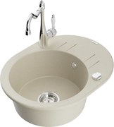 Mexen Kevin granitový jednokomorový drez s odkvapkávačom a kuchynskou batériou Carla, Béžová - 6517-69-670700-00