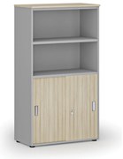 Kombinovaná kancelárska skriňa PRIMO GRAY, zasúvacie dvere na 2 poschodia, 800 x 420 x 1434 mm, sivá/dub prírodný