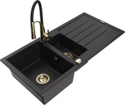 Mexen Andres granitový 1,5-komorový drez s odkvapkávačom a kuchynskou batériou Aster, Čierna - 6515-77-73450-57-G
