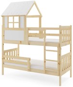 Poschodová posteľ s matracmi NATURAL 190×90 borovica + domčeková strieška