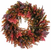 Jesenný veniec umelý Eucalyptus a javorové listy, pr. 40 cm, červeno-zelená