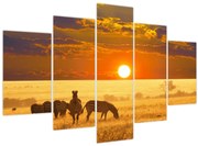 Obraz - Zebry so západom slnka (150x105 cm)