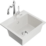 Mexen Milo, granitový drez 435x410x171 mm, 1-komorový a drezová batéria Carla, biela, 6505-20-670700-00