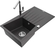 Mexen Cesar, 1-komorový granitový drez 775x470x190 mm a drezová batéria Flora, čierna škvrnitá, 6514-76-670401-00