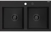 Mexen Hektor, 2-komorový granitový drez 800x480x205 mm, čierna, grafitový sifón, 6521802000-77-B