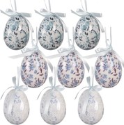 9ks dekorácia bielo-modré závesné vajíčko s kvetmi Spring Egg - Ø 5*8 cm