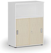 Kombinovaná kancelárska skriňa so zásuvnými dverami PRIMO WHITE, 800 x 420 x 1087 mm, biela/breza