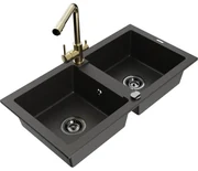 Mexen Mario, 2-komorový granitový drez 820x436x161 mm a zlatá drezová batéria Duero, čierna-zlatá metalíza, 6504-75-671600-50-B