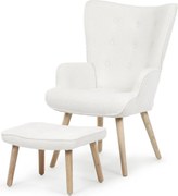 Relaxačné kreslo ušiak ROMEO II + taburet — masívne drevo, látka bouclé, prírodná / biela
