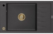 Mexen Elias granitový jednokomorový drez s odkvapkávačom 795 x 480 mm, Čierna škvrnitá, Sifón Zlatá - 6511791005-76-G
