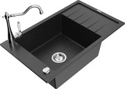 Mexen Elias granitový jednokomorový drez s odkvapkávačom a kuchynskou batériou Carla, Čierna/Strieborná metalíza - 6511-73-67070