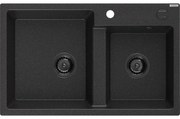 Mexen Tomas, granitový drez 800x500x190 mm, 2-komorový, čierna-strieborná metalíza s čiernym sifónom, 6516802000-73-B