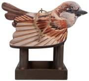 Hnedé drevené závesné krmítko pre vtáčiky s dekorom vrabčiaka - 17*25*21 cm