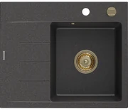 Mexen Ben, 1-komorový granitový drez 600x500x190 mm, pravý + zlatý sifón, čierna škvrnitá, 6523605000-76-G