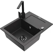 Mexen Enzo, granitový drez 576x465x174 mm, 1-komorový, čierna matná batéria Rita, čierna škvrnitá, 6506-76-670300-70-B