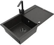 Mexen Leo, drez granitový 900x500x190 mm, 1-komorový, čierna - zlatá metalíza s čiernym sifónom a čierna drezová batéria Rita, 6501-75-670300-70-B