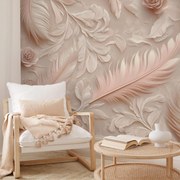 Fototapeta - Béžové pierka s ružami (147x102 cm)