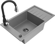 Mexen Elias granitový jednokomorový drez s odkvapkávačom a kuchynskou batériou Savita, Šedá - 6511-71-672601-70-B