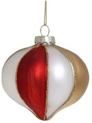 Bielo-červená sklenená vianočná ozdoba banka s pruhmi - 8 cm