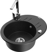 Mexen Kevin granitový jednokomorový drez s odkvapkávačom a kuchynskou batériou Rita, Čierna/Strieborná - 6517-73-670300-00