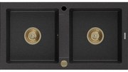 Mexen Mario granitový dvojkomorový drez 820 x 436 mm, Čierna/Strieborná metalíza, Sifón Zlatá - 6504822000-73-G