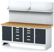 Alfa 3 Dielenský stôl MECHANIC I, perforovaný panel, polica, 2 skrinky a 2 zásuvkové boxy na náradie, 10 zásuviek, 2000x685x880 mm, antracitové dvere