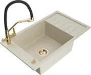 Mexen Elias granitový jednokomorový drez s odkvapkávačom a kuchynskou batériou Duo, Béžová - 6511-69-671701-57-G