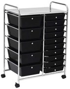 Mobilný úložný vozík s 15 zásuvkami, rôzne farby, čierny