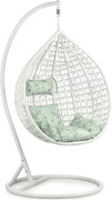 Biele závesné kreslo KOKON so stojanom, svetlozelený vankúš s vzorom