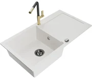 Mexen Leo, 1-komorový granitový drez 900x500x190 mm a drezová batéria Flora, biela, 6501-20-670401-57-B