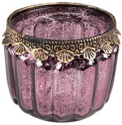 Fialový sklenený svietnik na čajovú sviečku s ozdobným okrajom - Ø10*8 cm