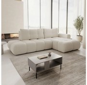 Rozkladacia rohová čalúnená sedacia súprava s úložným priestorom do tvaru L ALMADA pravé prevedenie svetlobéžová