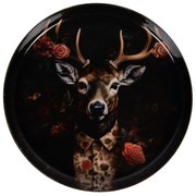 Čierny kovový podtácok hlava Jeleň s kvetmi - Ø 11*1 cm
