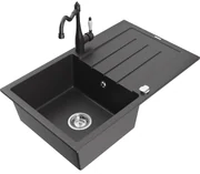 Mexen Bruno, granitový drez 795x495x200 mm, 1-komorový a drezová batéria Carla, čierna škvrnitá, 6513-76-670700-76